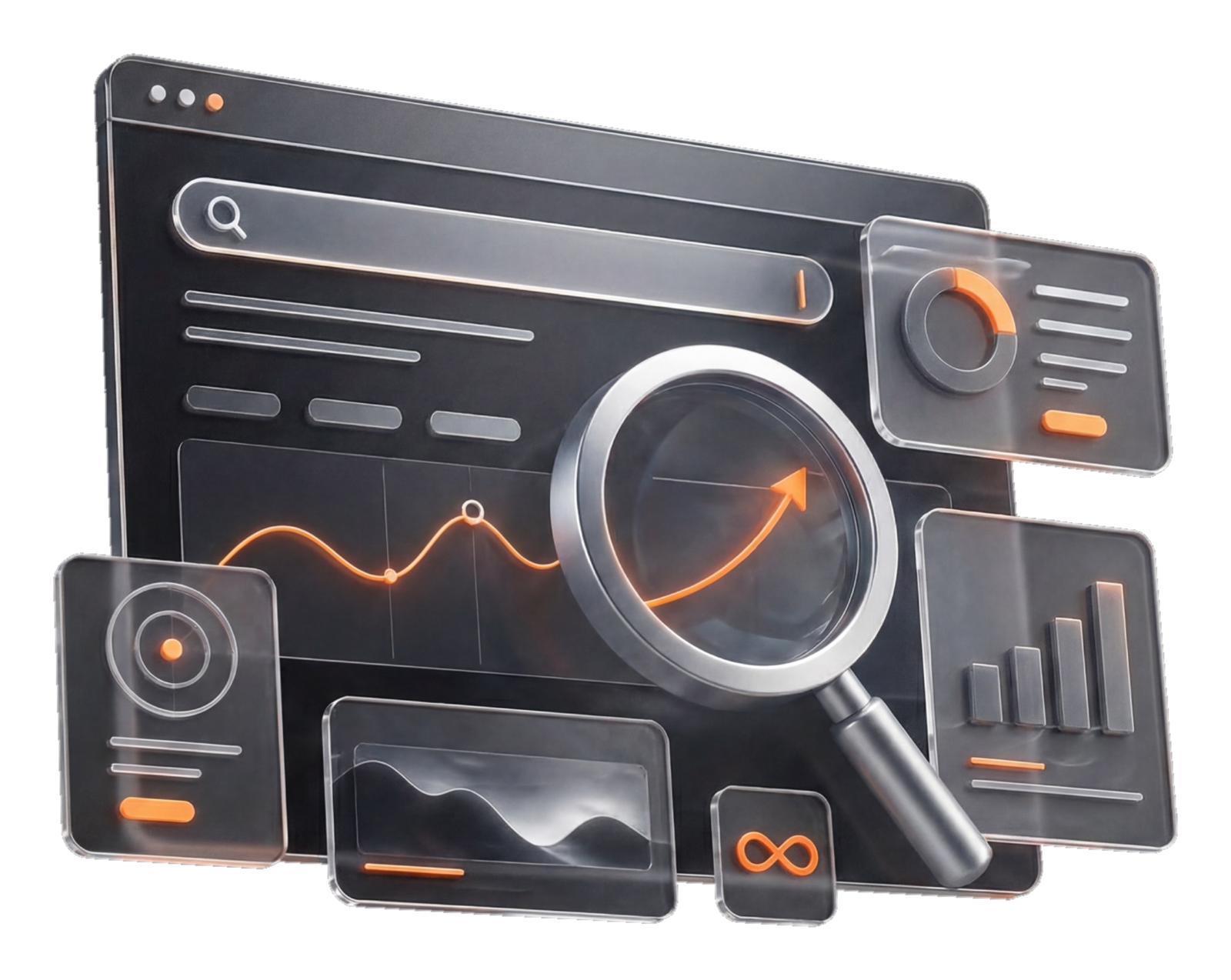 3D-SEO-Analyse-Interface mit Lupe und Diagrammen f&uuml;r Webdesign und SEO
